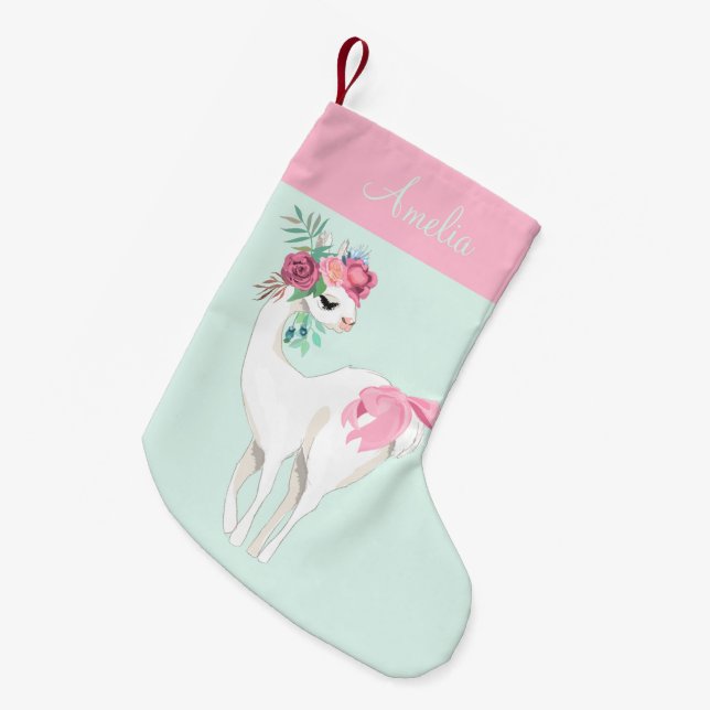 Calcetín Navideño Pequeño Fácil Chica de Llama Verde Mint Rosa (Frente (Colgado))