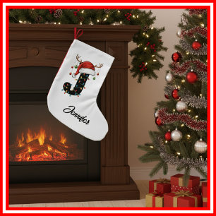 Calcetín Navideño Pequeño Familia Monograma Navidades Antlers Santa Hat