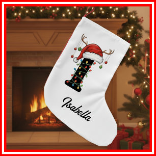Calcetín Navideño Pequeño Familia Monograma Navidades Antlers Santa Hat