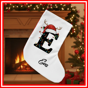Calcetín Navideño Pequeño Familia Monograma Navidades Antlers Santa Hat
