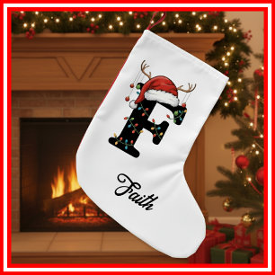 Calcetín Navideño Pequeño Familia Monograma Navidades Antlers Santa Hat