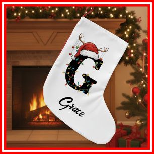 Calcetín Navideño Pequeño Familia Monograma Navidades Antlers Santa Hat