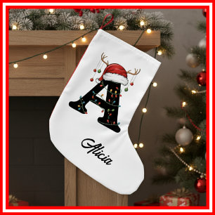 Calcetín Navideño Pequeño Familia Monograma Navidades Antlers Santa Hat