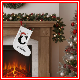 Calcetín Navideño Pequeño Familia Monograma Navidades Antlers Santa Hat