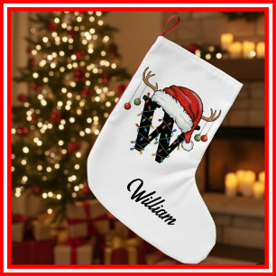 Calcetín Navideño Pequeño Familia Monograma Navidades Antlers Santa Hat Pequ