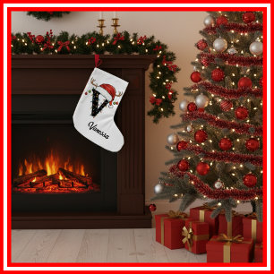 Calcetín Navideño Pequeño Familia Monograma Navidades Antlers Santa Hat Pequ