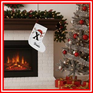 Calcetín Navideño Pequeño Familia Monograma Navidades Antlers Santa Hat Pequ