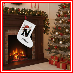 Calcetín Navideño Pequeño Familia Monograma Navidades Antlers Santa Hat Pequ