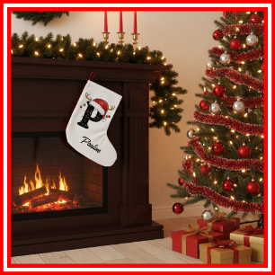 Calcetín Navideño Pequeño Familia Monograma Navidades Antlers Santa Hat Pequ