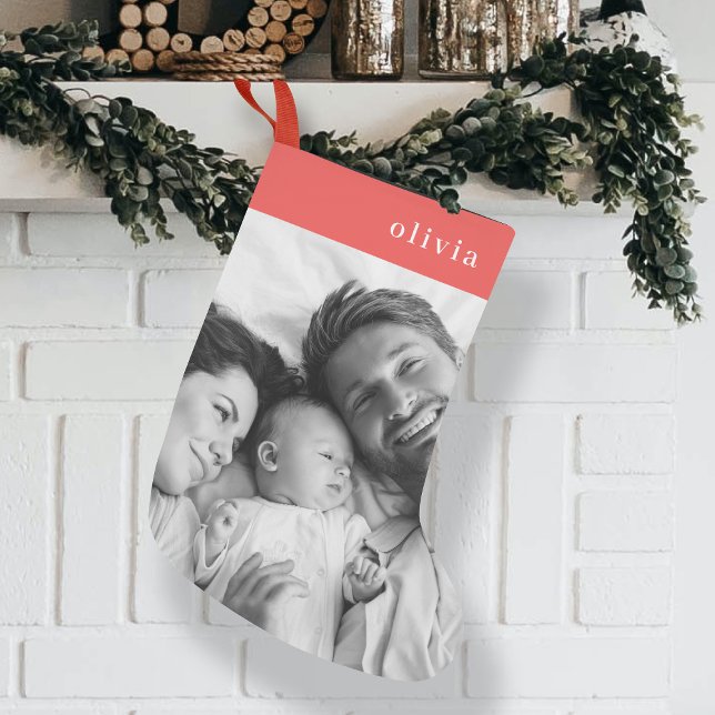Calcetín Navideño Pequeño Family Christmas | Modern Stylish Orange Red Photo (Modern family photo Christmas stocking by Guava, featuring coral orange red colour & white font)