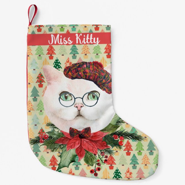 Calcetín Navideño Pequeño Fancy White Cat and Poinsettia Personalizado (Anverso)
