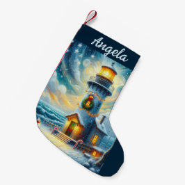Calcetín Navideño Pequeño Faro de árbol de navidad azul costero náutico