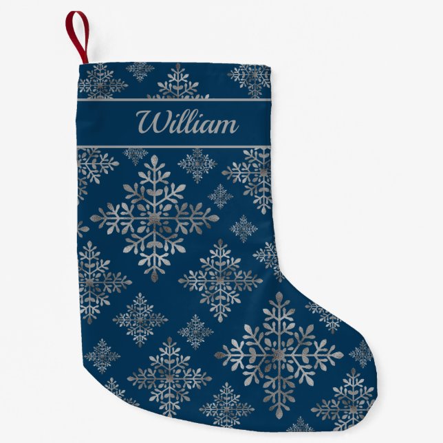 Calcetín Navideño Pequeño Faux Gray Relieve metalizado Snowflakes On Blue (R (Anverso)