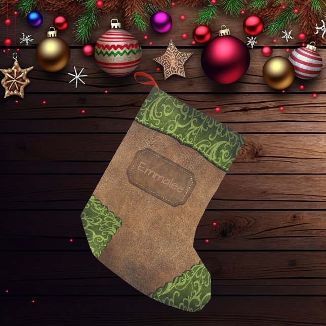 Calcetín Navideño Pequeño Faux Green Brown Monograma Cuero (Subido por el creador)