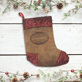 Calcetín Navideño Pequeño Faux Red Brown Monograma Cuero