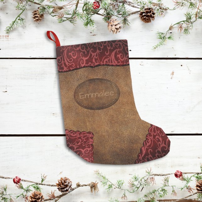 Calcetín Navideño Pequeño Faux Red Brown Monograma Cuero (Subido por el creador)