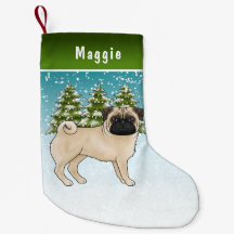 Fawn Pug Cute Cartoon Dog Snowley Winter Forest