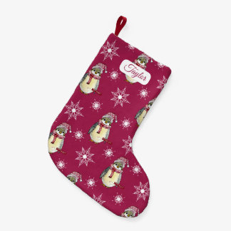 Calcetín Navideño Pequeño Felices Fiestas Pingüinos y Copos de Nieve-Rojo