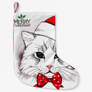Calcetín Navideño Pequeño Felices Navidad del gato blanco lindo