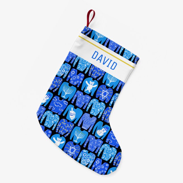 Calcetín Navideño Pequeño FELIZ FESTIVIDAD PERSONALIZADO Hannukah Sweaters (Frente (Colgado))