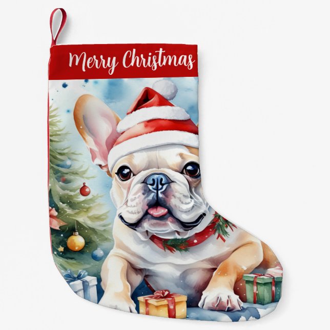 Calcetín Navideño Pequeño Feliz Gorra navideño Bulldog francés festivo - (Anverso)