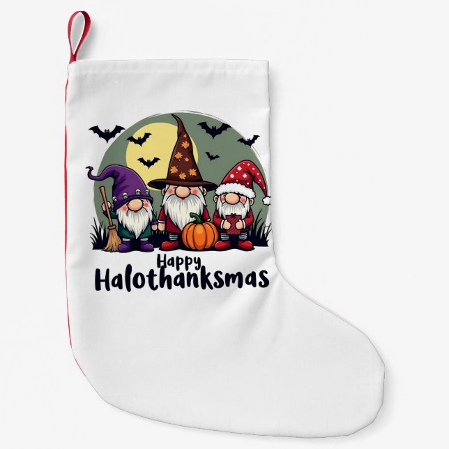 Calcetín Navideño Pequeño Feliz Hallothanksmas Navidad Gnomes de Halloween (Anverso)