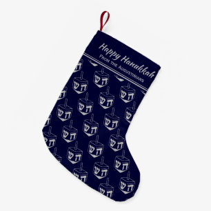 Calcetín Navideño Pequeño FELIZ HANUKKAH Dreidel Personalizado AZUL OSCURO
