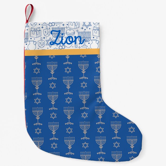 Calcetín Navideño Pequeño Feliz Hanukkah: Velas blancas azules de Judaica Dr (Anverso)