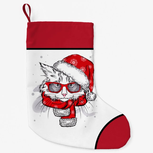 Calcetín Navideño Pequeño Feliz Navidad al gato blanco (Anverso)
