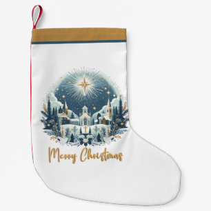 Calcetín Navideño Pequeño Feliz Navidad azul y oro