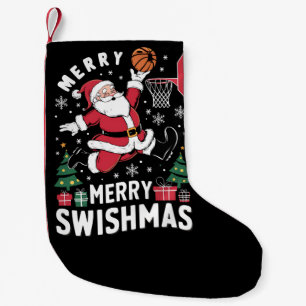 Calcetín Navideño Pequeño Feliz Navidad con Swishmas Santa jugando baloncest