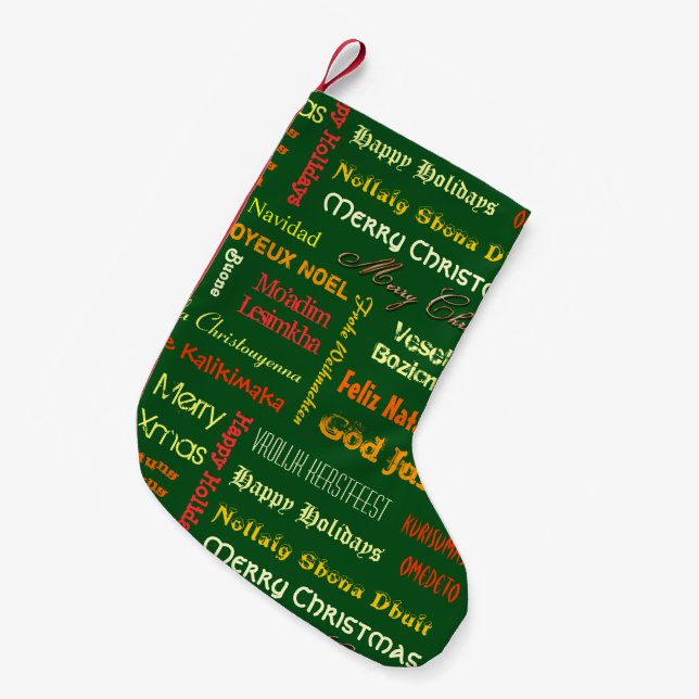 Calcetín Navideño Pequeño Feliz Navidad en diferentes idiomas (Frente (Colgado))