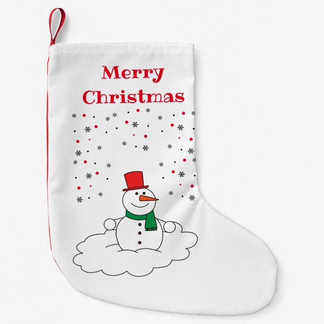 Calcetín Navideño Pequeño Feliz Navidad, familia Snowman Snowflakes White (Anverso)