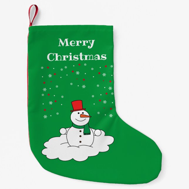 Calcetín Navideño Pequeño Feliz navidad familia Snowman Snowflets Green (Anverso)