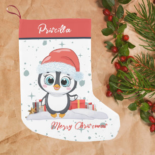 Calcetín Navideño Pequeño Feliz Navidad Feliz Pingüino con Nieve