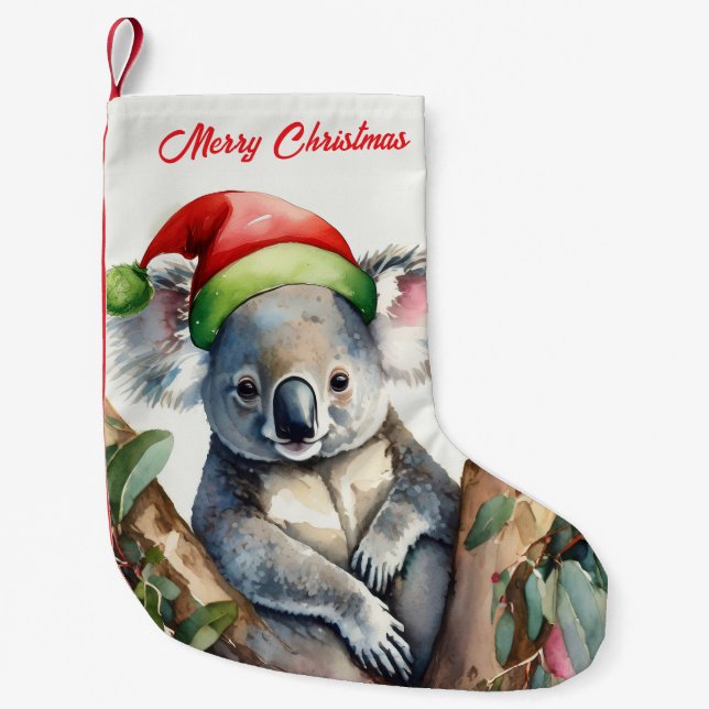 Calcetín Navideño Pequeño Feliz Navidad Koala sentado en Gumtree (Anverso)