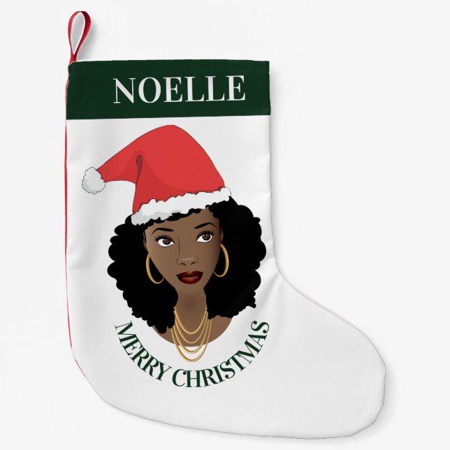 Calcetín Navideño Pequeño Feliz Navidad, Mujer Negra, Sombrero Red Santa, Ve (Anverso)