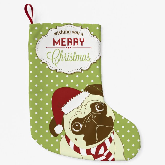 Calcetín Navideño Pequeño Feliz Navidad Pug (Anverso)