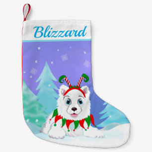 Calcetín Navideño Pequeño Feliz Navidad Samoyed con Diadema de Duende Nombre