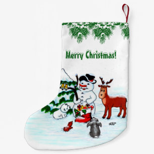 Calcetín Navideño Pequeño ¡Feliz Navidad! Snowman con sus amigos
