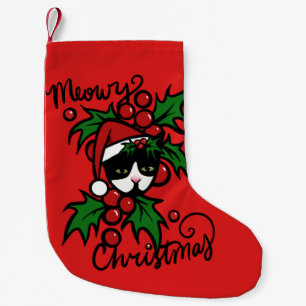 Calcetín Navideño Pequeño Feliz Navidad Tuxedo Cat