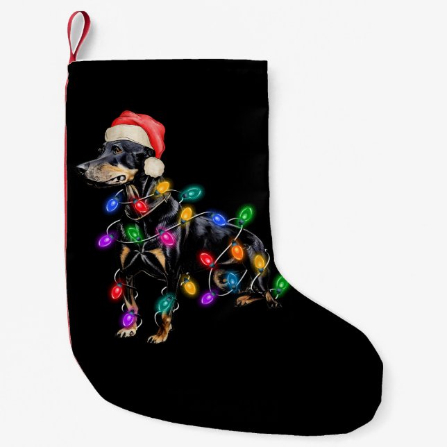 Calcetín Navideño Pequeño Feliz perro de Navidad envuelto en luces (Anverso)
