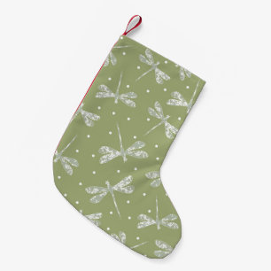 Calcetín Navideño Pequeño Femenino verde oliva con lunares blancos y libélul