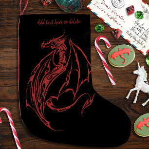 Calcetín Navideño Pequeño Feroz Silueta de Dragón Tribal Rojo Fantasía