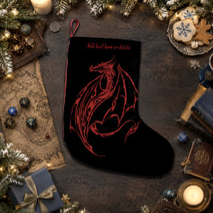 Calcetín Navideño Pequeño Feroz Silueta de Dragón Tribal Rojo Fantasía