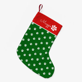 Calcetín Navideño Pequeño Festive Dog Paw Print Custom Name