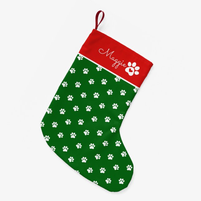 Calcetín Navideño Pequeño Festive Dog Paw Print  Custom Name (Frente (Colgado))