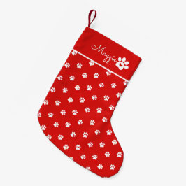 Calcetín Navideño Pequeño Festive Dog Paw Print Custom Name