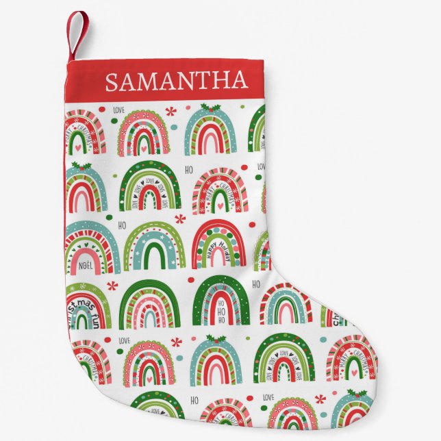 Calcetín Navideño Pequeño Festive Modern Rainbow Pattern Personalised (Anverso)