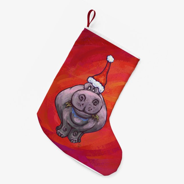 Calcetín Navideño Pequeño Festividad de Hippo en Rojo (Frente (Colgado))